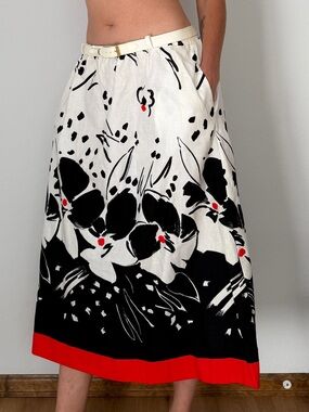 Vintage Tumbleweeds Black & White Floral Midi Skirt with Red Hem